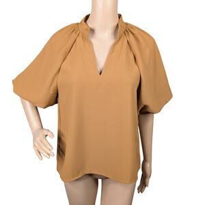 NWT THML Camel Brown Stretch Crepe Puff Sleeve Top S Boxy V-Neck Minimalist